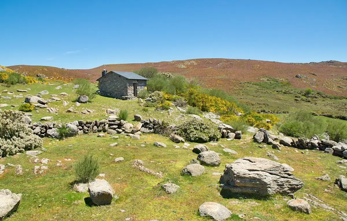 Refugio en una ladera verde salpicada de rocas