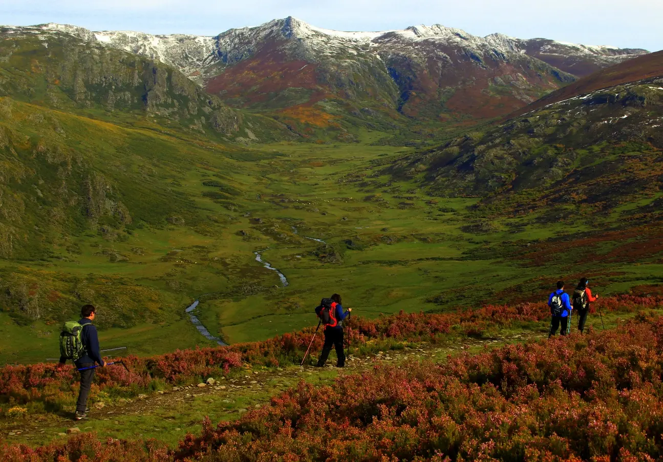 Senderistas atravesando un valle de montaña cubierto de brezo en la sierra de Porto
