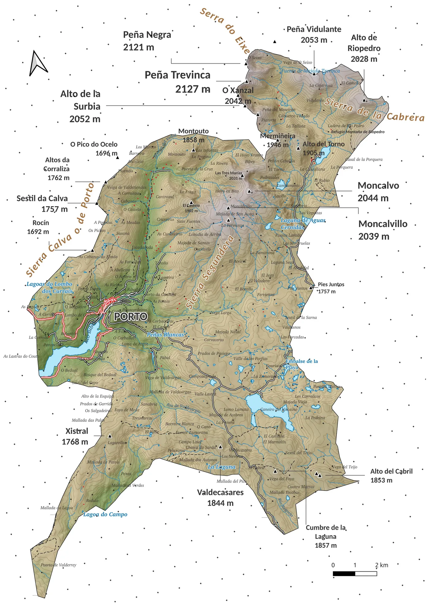 Mapa de las cumbres de Porto, con la localización y altitud de cada cima y sierra