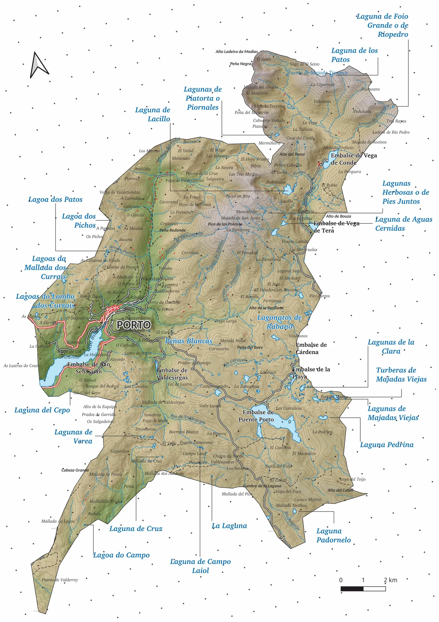 Mapa de las lagunas glaciares de Porto, con la localización de cada laguna catalogada