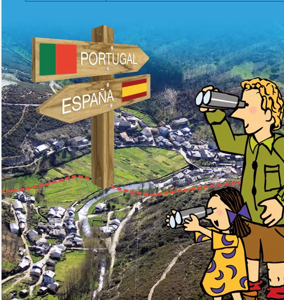 Ilustración de dos viajeros con prismáticos junto a un poste que señala Portugal y España sobre un pueblo de montaña