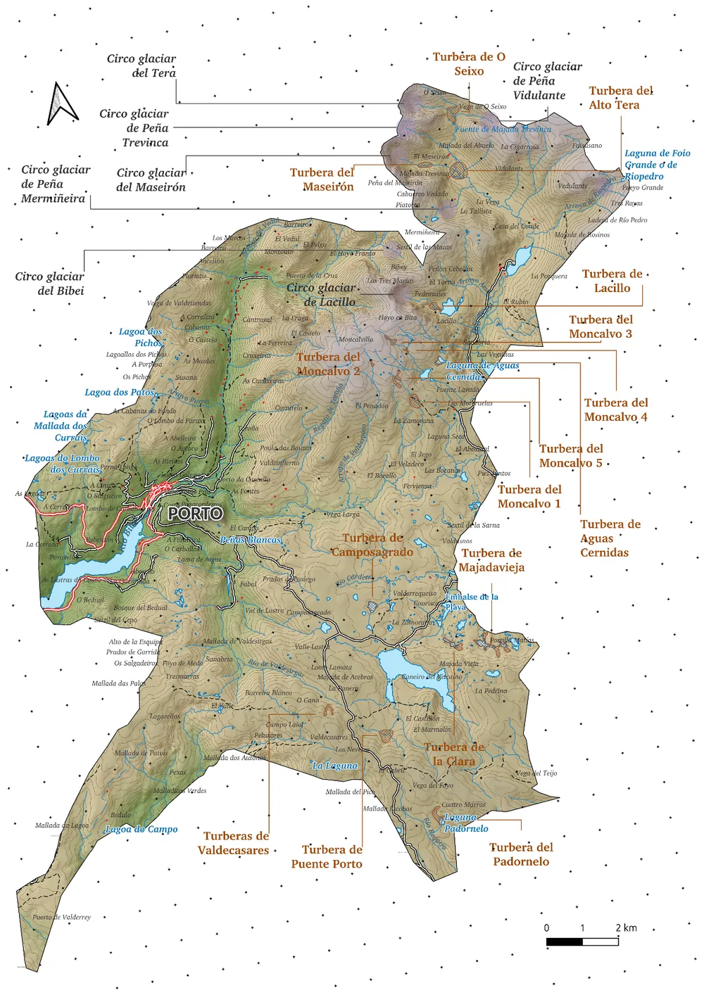 Mapa del término municipal de Porto con sus circos glaciares y turberas