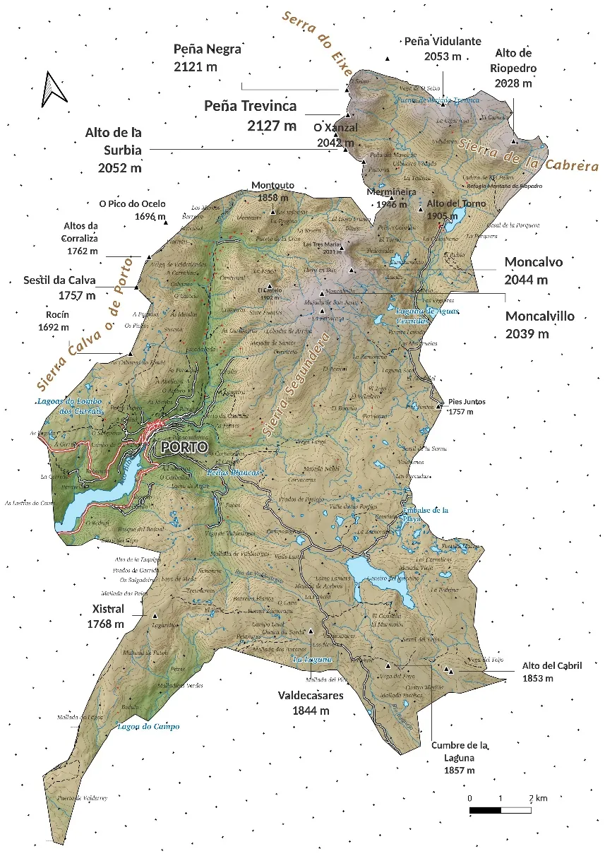 Mapa del término municipal de Porto con sus cumbres y altitudes