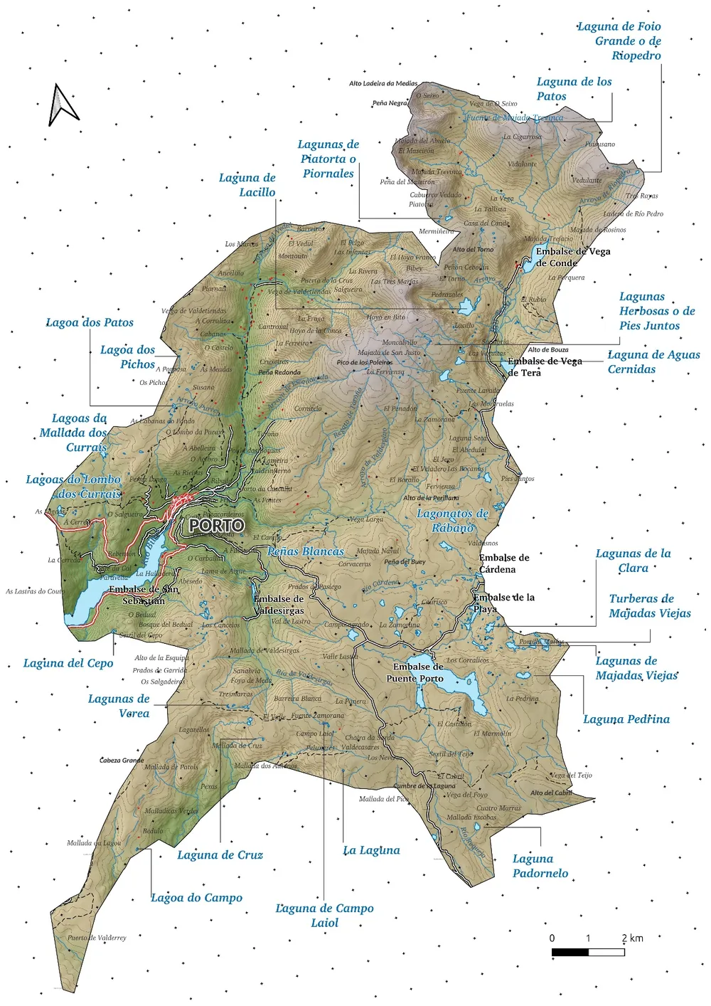Mapa del término municipal de Porto con sus lagunas y embalses